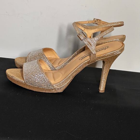 American Glamour Badgley Mischka Gold Glitter Strappy Heels Sz 6 - Picture 3 of 11